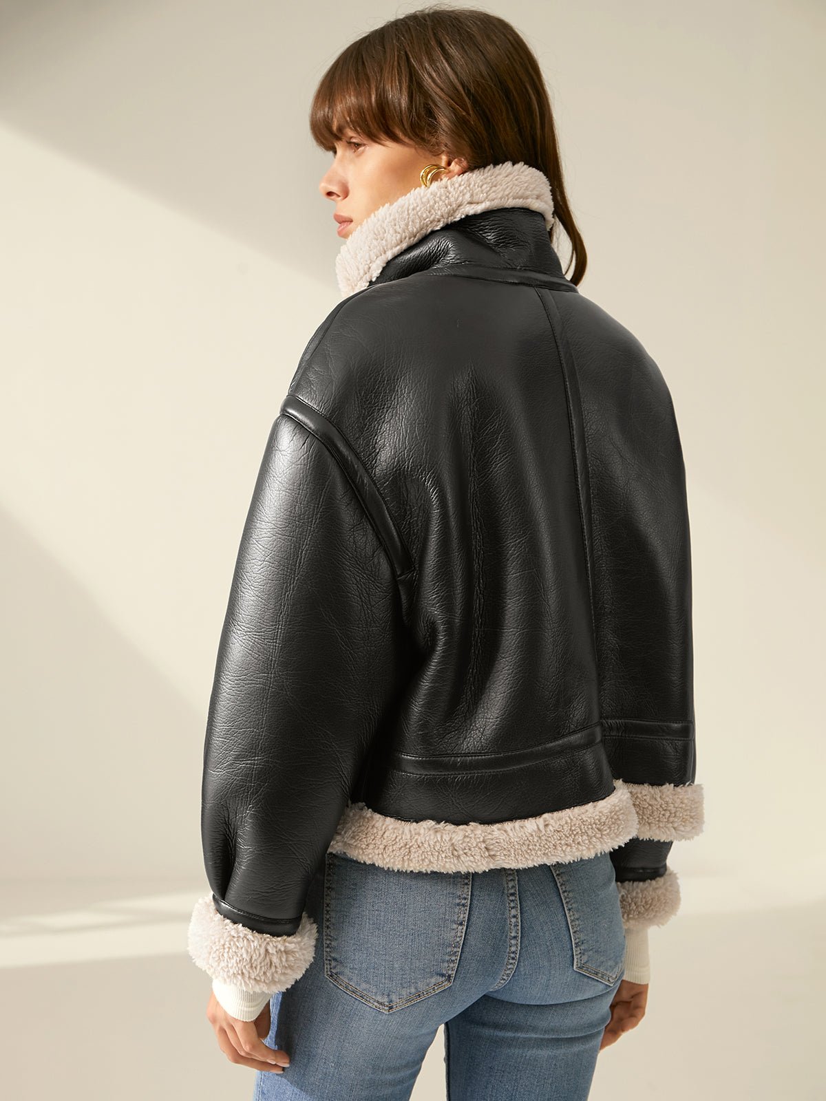 WW | Leder Fliegerjacke - Schurwolle-Futter Wärme - Schwarz & Weiß Kontrast - Winterstil