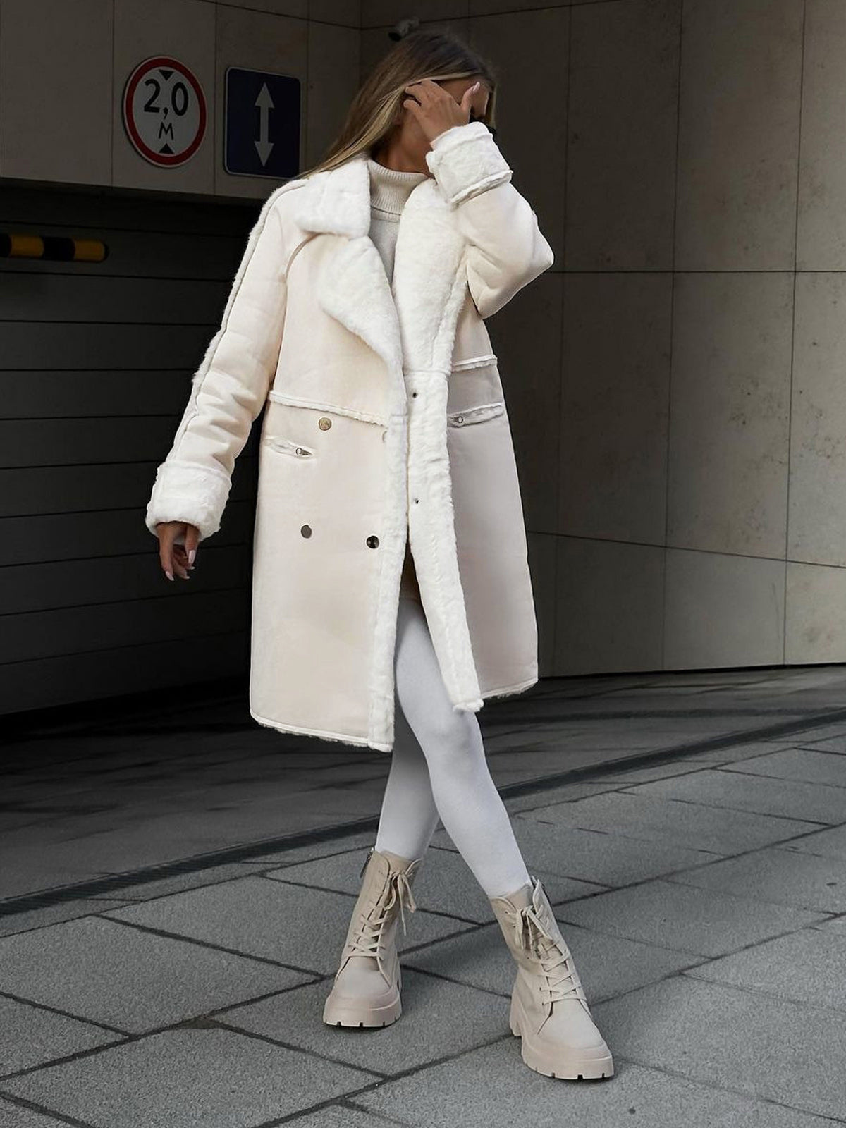 WW | Plus Size Fur Winter Coat with Lapel Collar and Snap Fastener