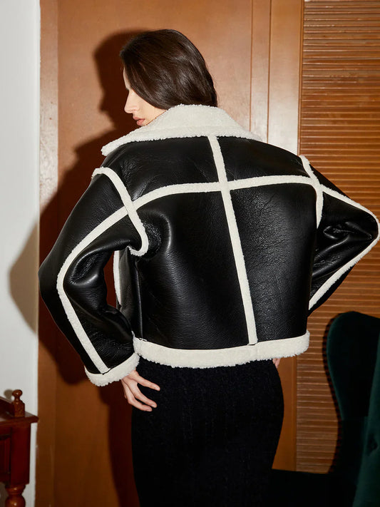 WW | Gefütterte Kontrastbesatz Kunstlederjacke