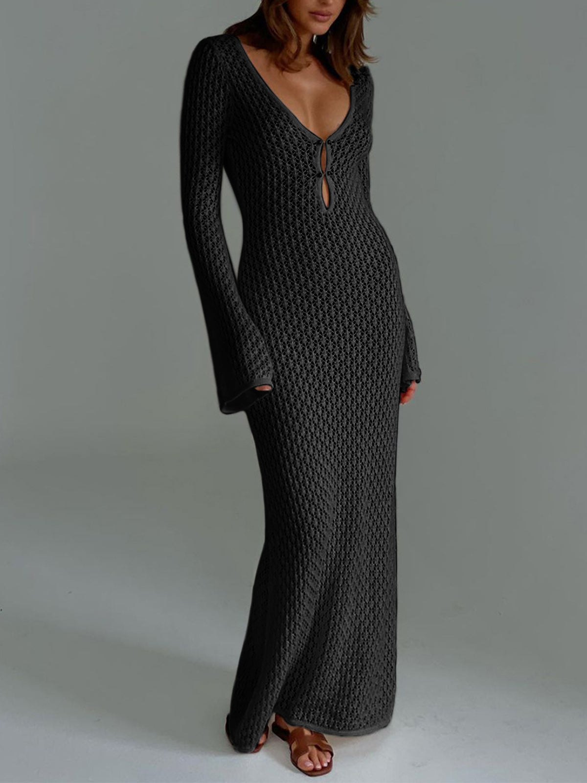 Long-Sleeved Open-Back Maxi Dress