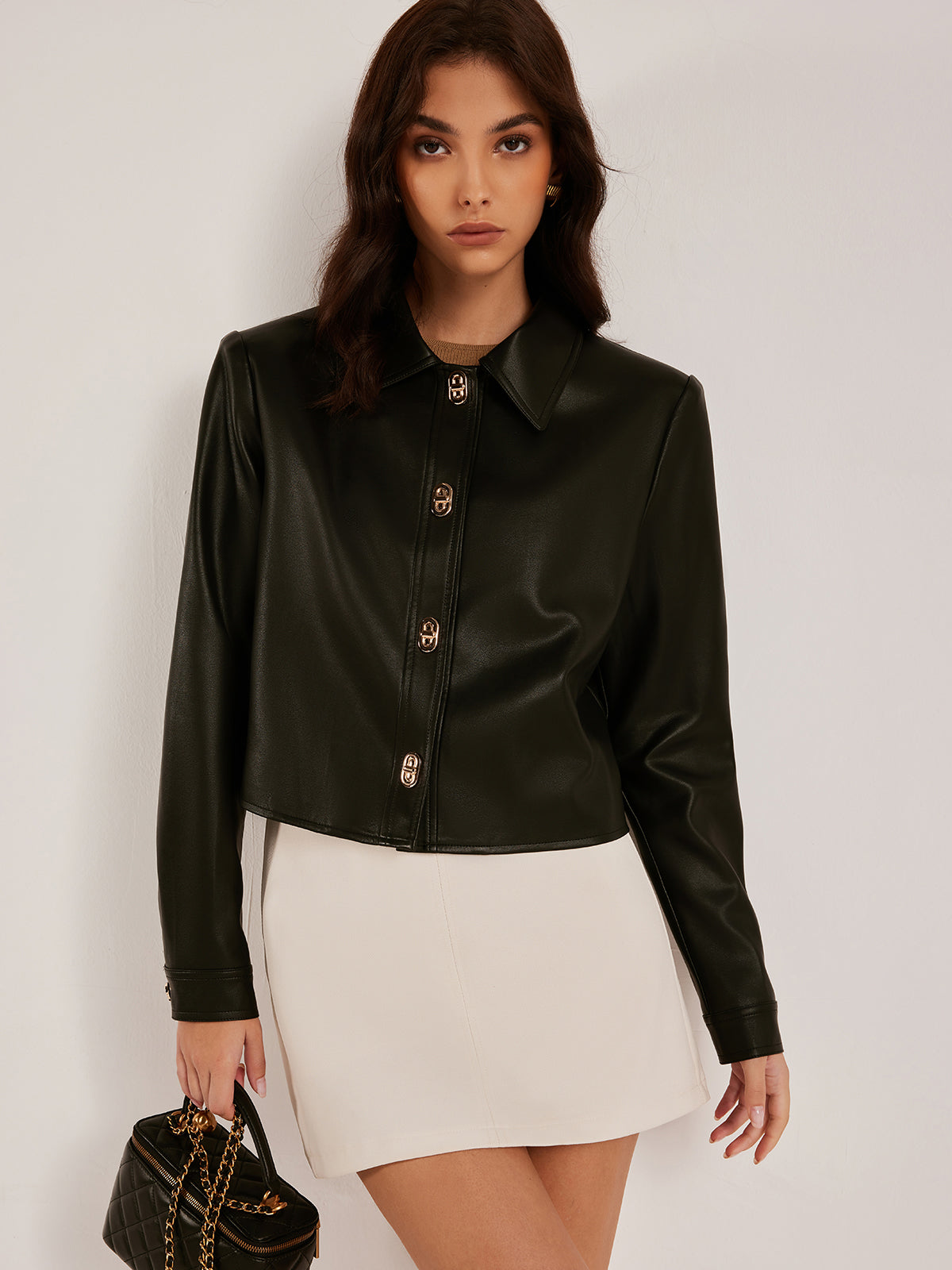 WW | Knopf PU Leder Kurze Jacke