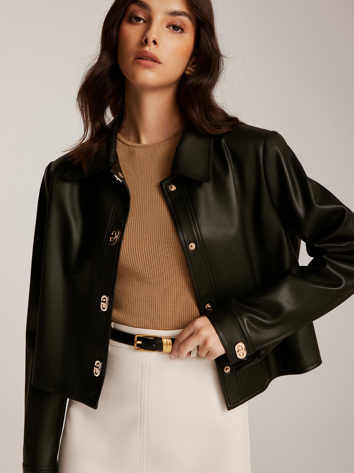 WW | Knopf PU Leder Kurze Jacke