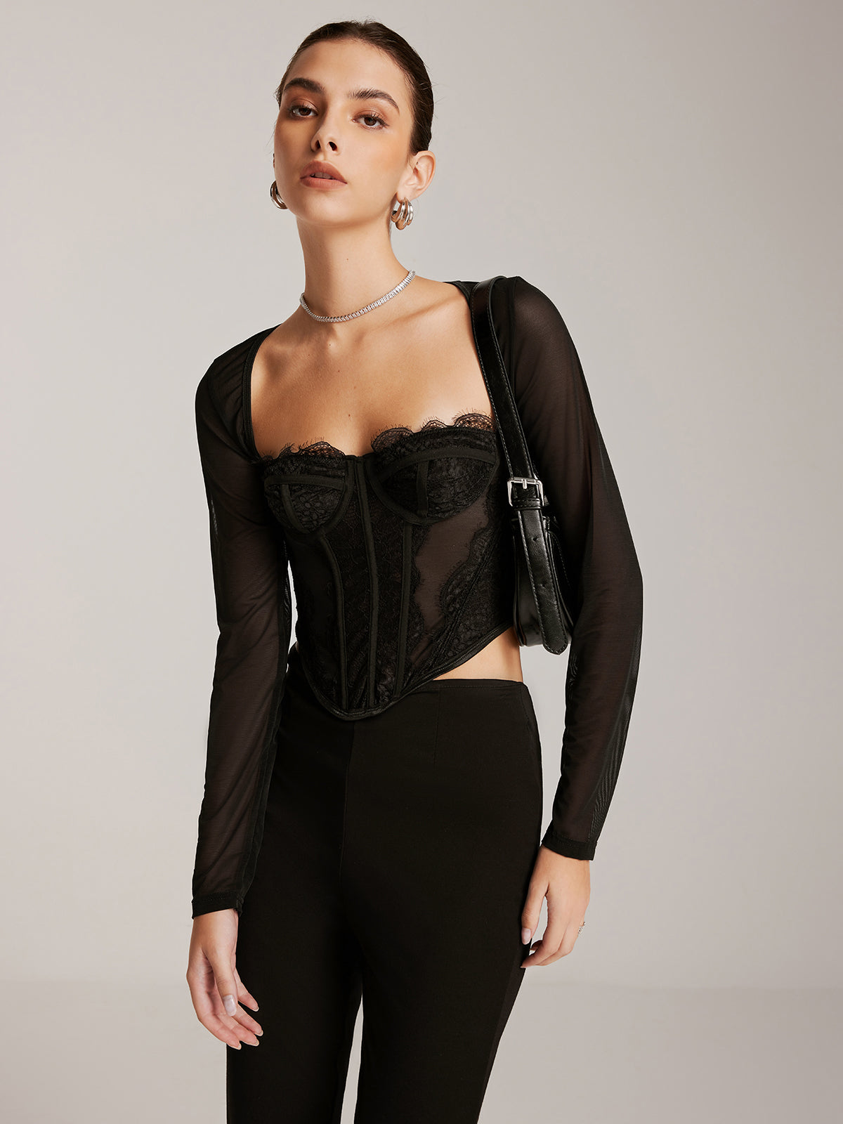 WW | Sheer Long Sleeve Sweetheart Neck Lace Skinny T-shirt