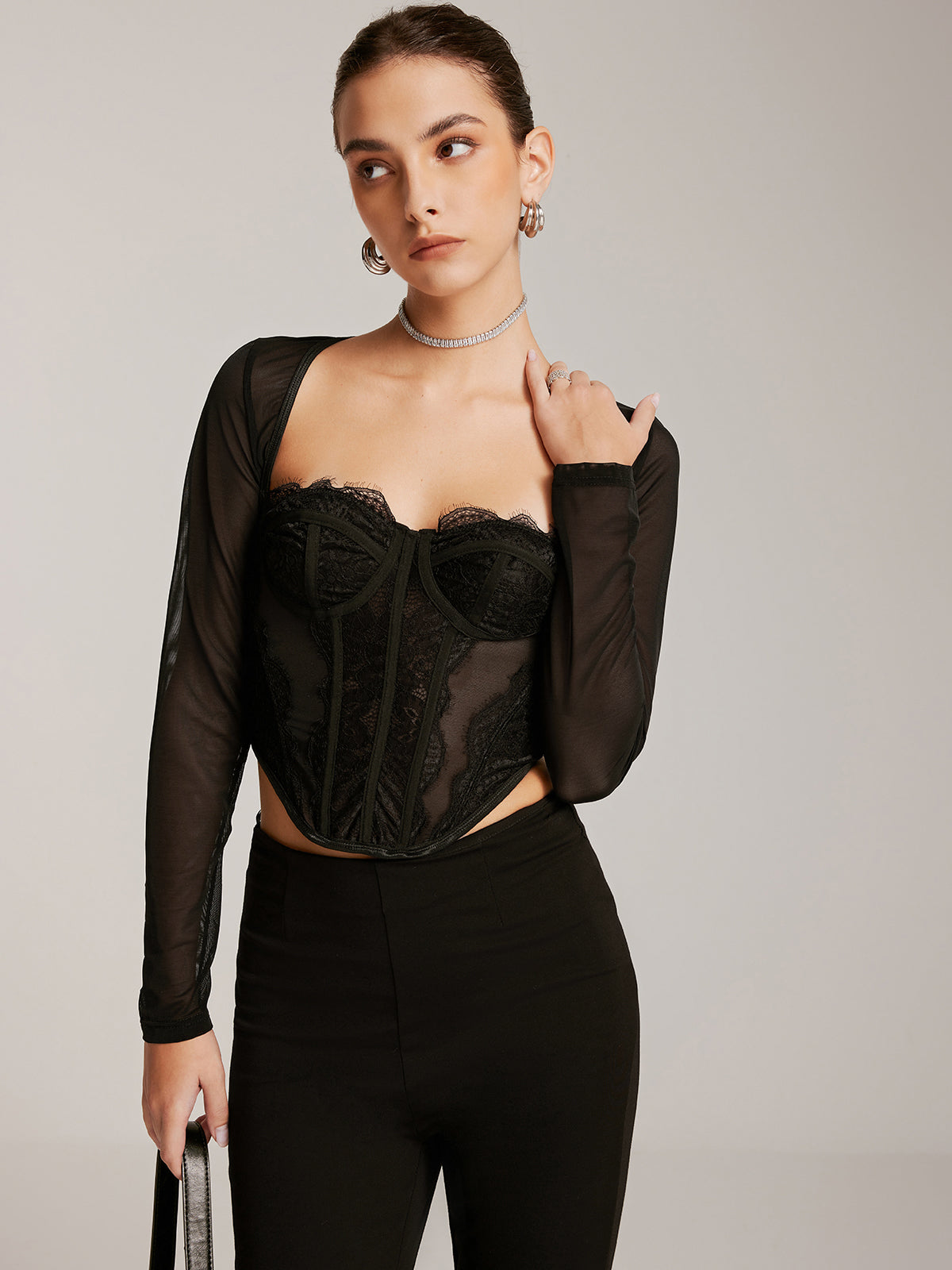 WW | Sheer Long Sleeve Sweetheart Neck Lace Skinny T-shirt
