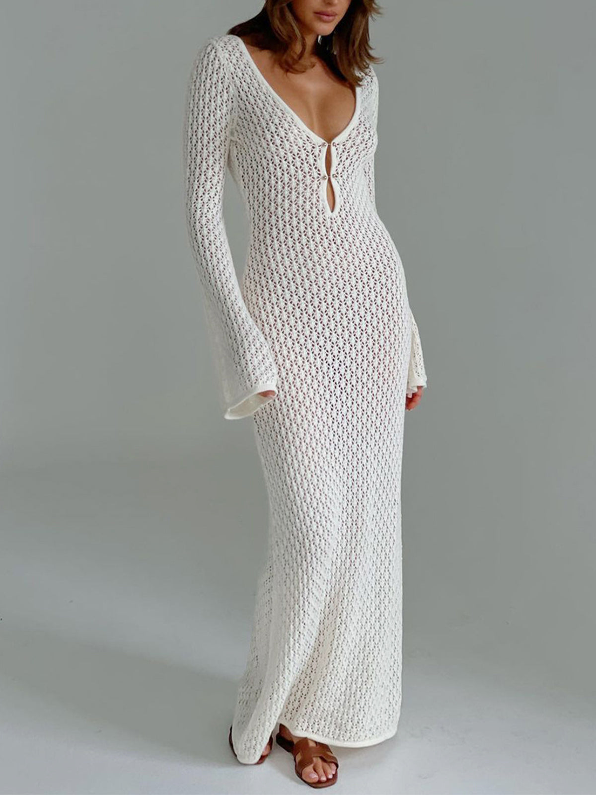 Long-Sleeved Open-Back Maxi Dress