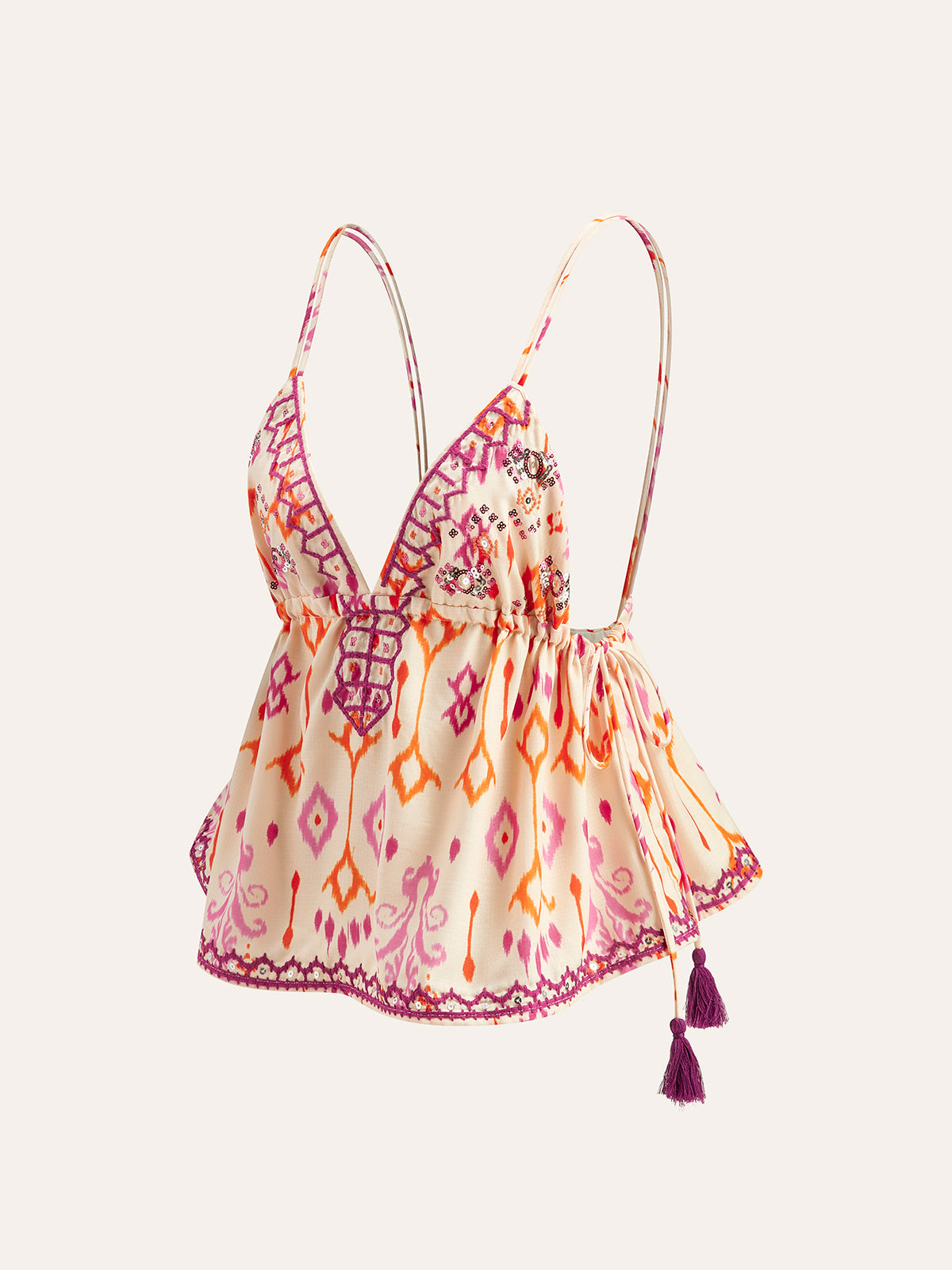 WW | Embroidered Boho Tassel Tie Cami Top