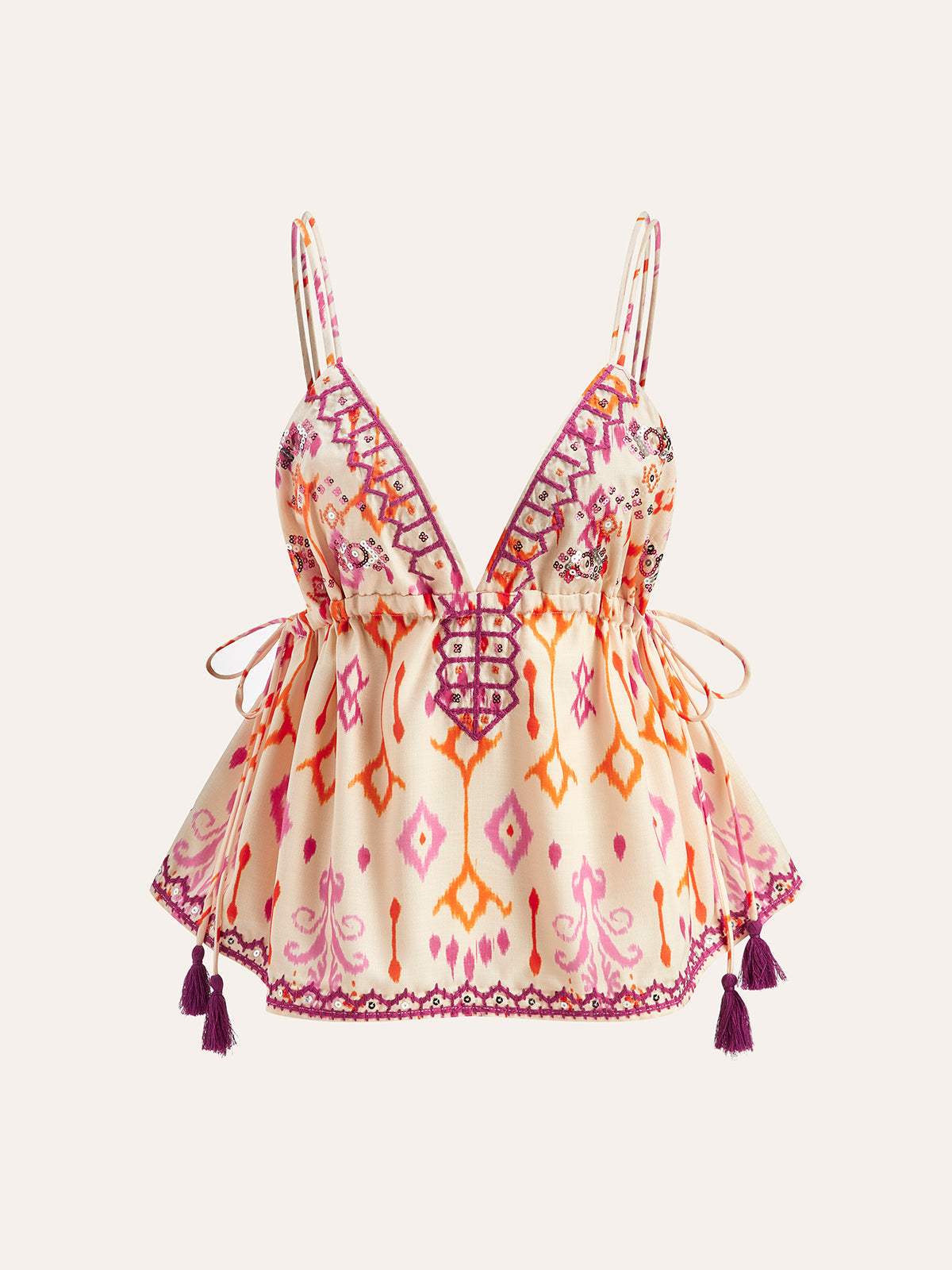 WW | Embroidered Boho Tassel Tie Cami Top