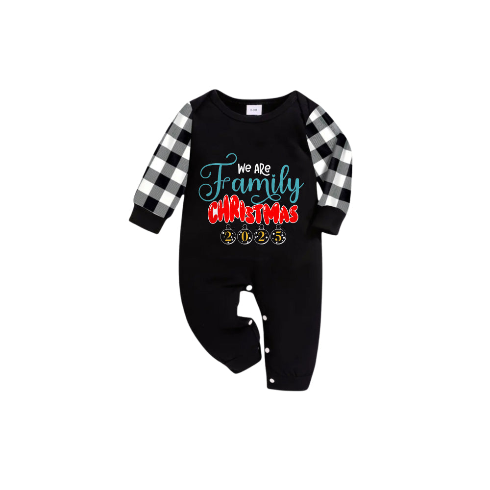 WW | Black and White Plaid Short-Sleeve Christmas Pajama Set with We Are Family Festive Graphic Print