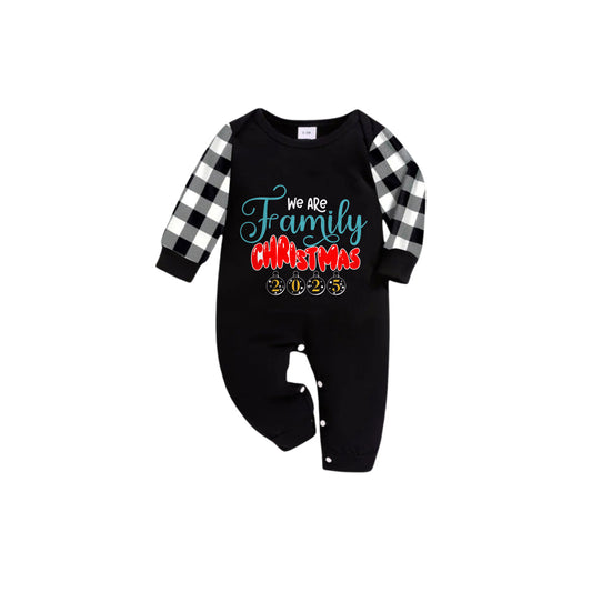 WW | Black and White Plaid Short-Sleeve Christmas Pajama Set with We Are Family Festive Graphic Print