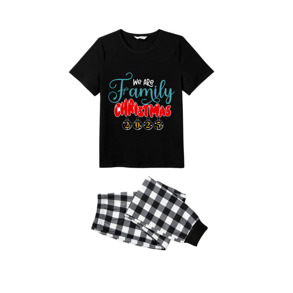 WW | Black and White Plaid Short-Sleeve Christmas Pajama Set with We Are Family Festive Graphic Print