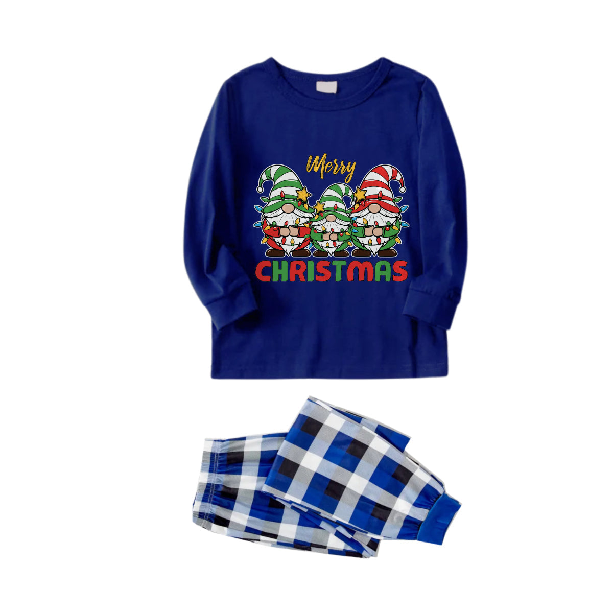 WW | Christmas Family Matching Pajamas - Navy & White Plaid Pjs Set with Gnome and "Merry Christmas" Print