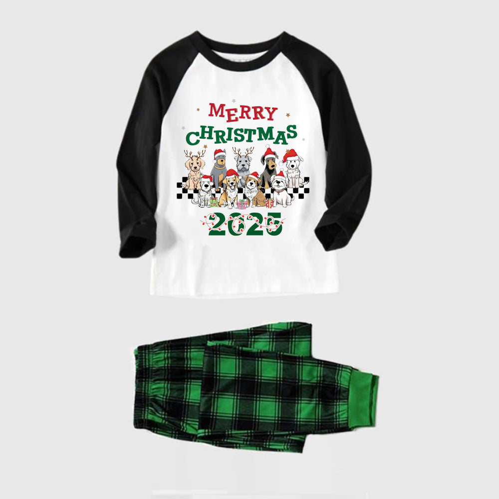 WW | Schwarzes Raglan-Oberteil Grünes Plaid Weihnachts-Pyjama-Set mit "Frohe Weihnachten" und Hundedruck