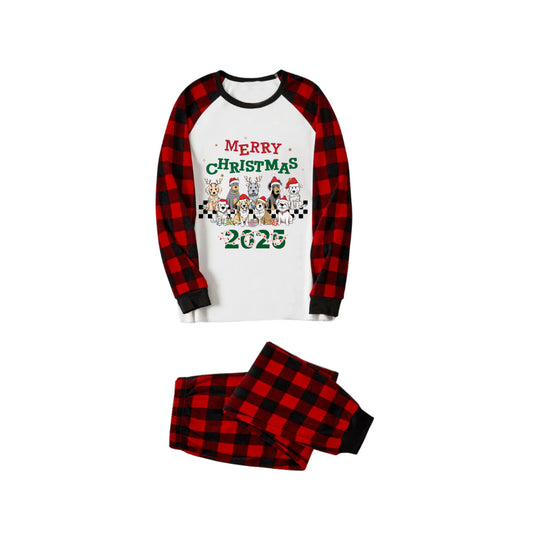 WW | Rote und schwarze karierte Weihnachts-Pyjama-Set mit süßem Hund und fröhlichem Weihnachten 2025 Cartoon-Druck