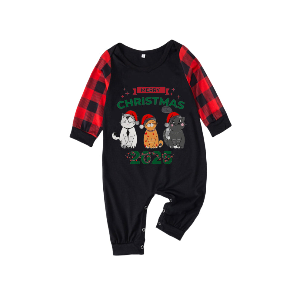 WW | Rote und schwarze karierte Weihnachts-Pyjama-Set mit fröhlichen Weihnachten und süßem Katzen-Druck