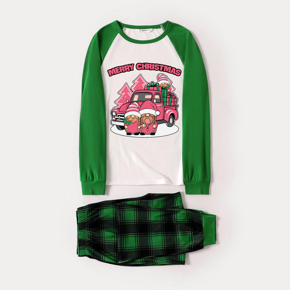 WW | Green Raglan Top Green Plaid Christmas Pajama Set with Pink Gnome and "MERRY CHRISTMAS" Print