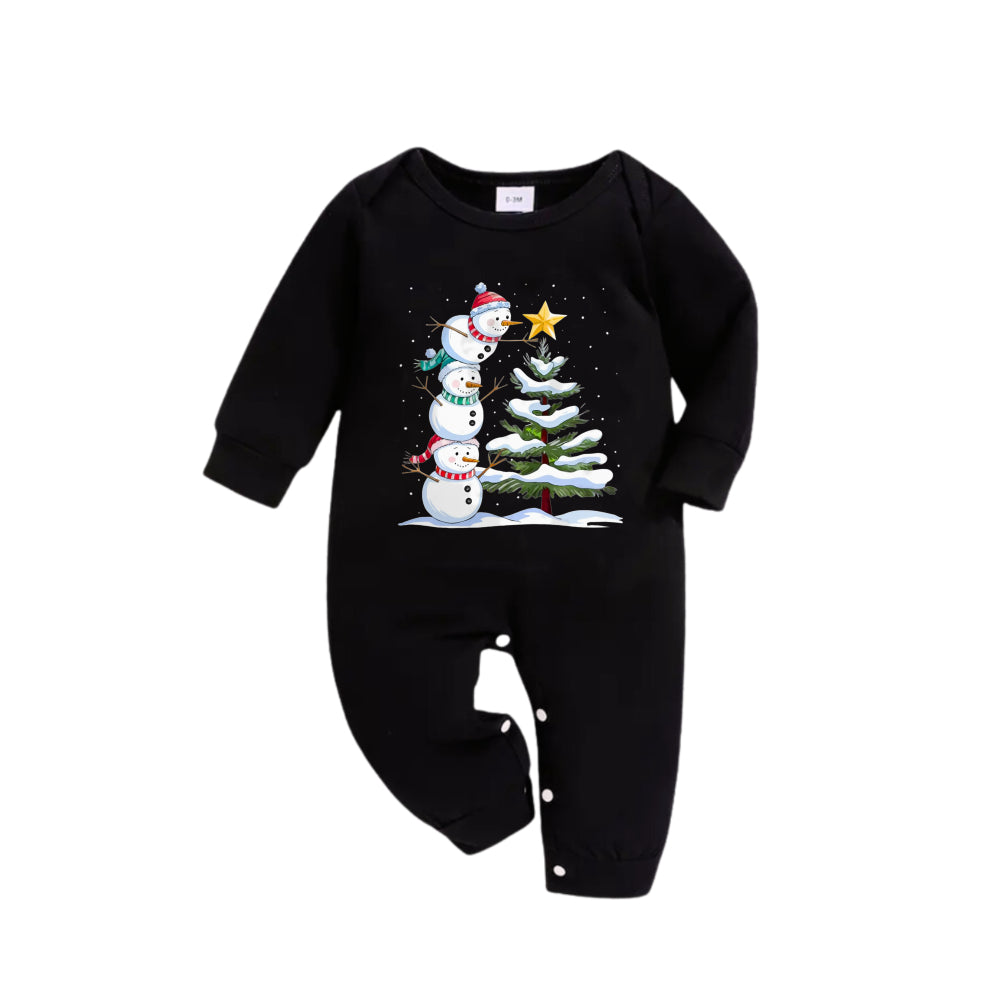 WW | Weihnachtsfamilien-Pyjama-Set - Schwarzes Oberteil und grüne Karo-Hose mit Schneemann-Comic-Druck