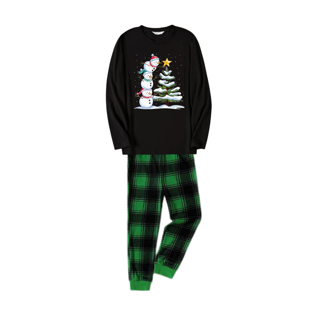 WW | Weihnachtsfamilien-Pyjama-Set - Schwarzes Oberteil und grüne Karo-Hose mit Schneemann-Comic-Druck