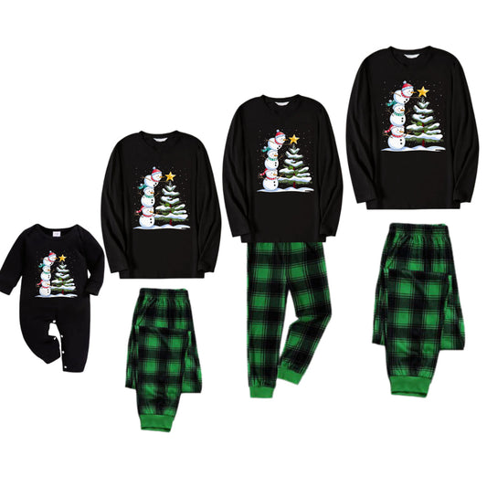 WW | Christmas Family Pajama Set - Black Top and Green Plaid Pants with Snowman Cartoon Print