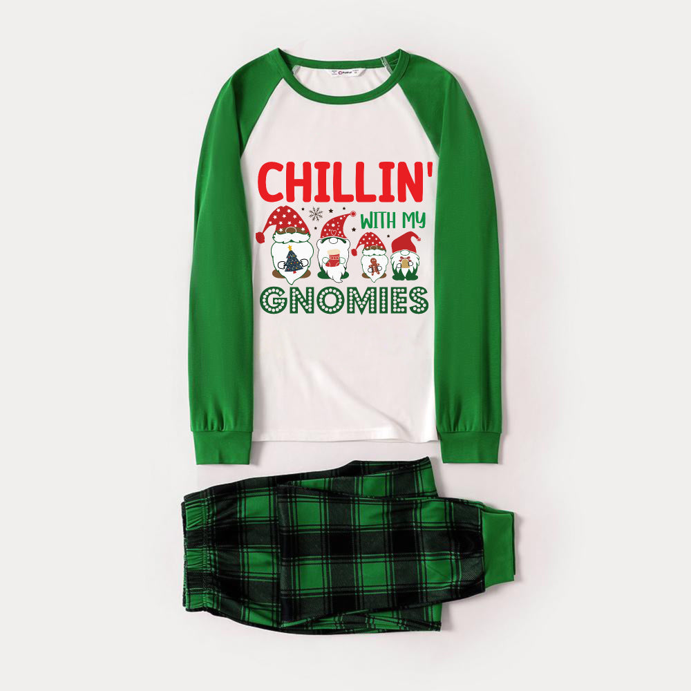 WW | Green Raglan Top Green Plaid Christmas Pajama Set with Christmas Gnomes and "CHILLIN' WITH MY GNOMIES" Print