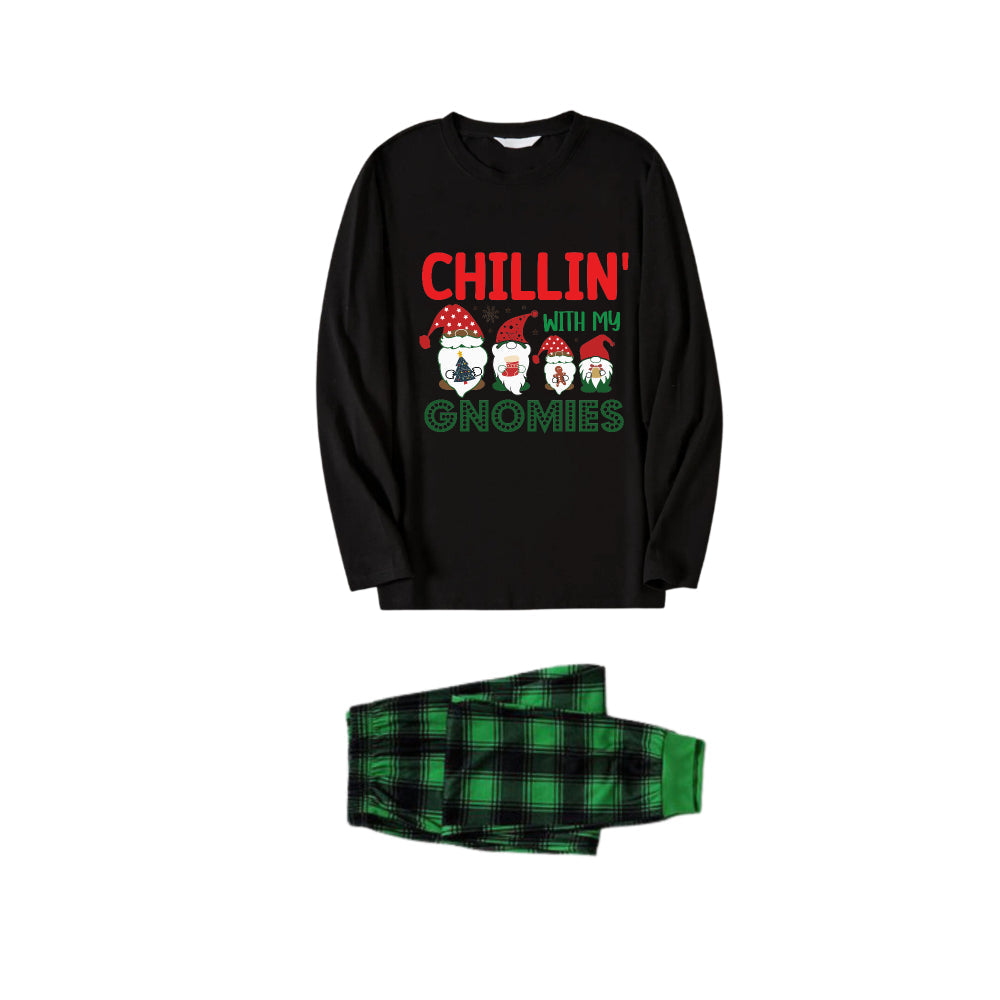 WW | Christmas Family Matching Pajamas - Black Top and Green Plaid Pants PJs Set with "Chillin With My Gnomies" Print