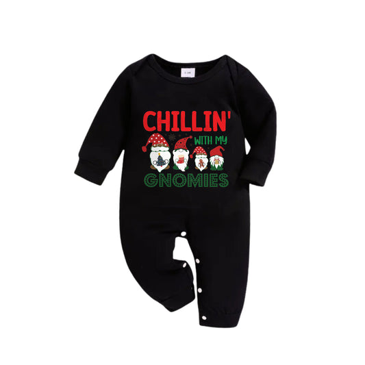 WW | Christmas Family Matching Pajamas - Black Top and Green Plaid Pants PJs Set with "Chillin With My Gnomies" Print