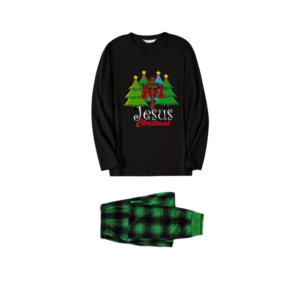WW | Christmas Family Matching Pajamas - Black Top and Green Plaid Pants PJs Set with "Jesus Christmas" Print