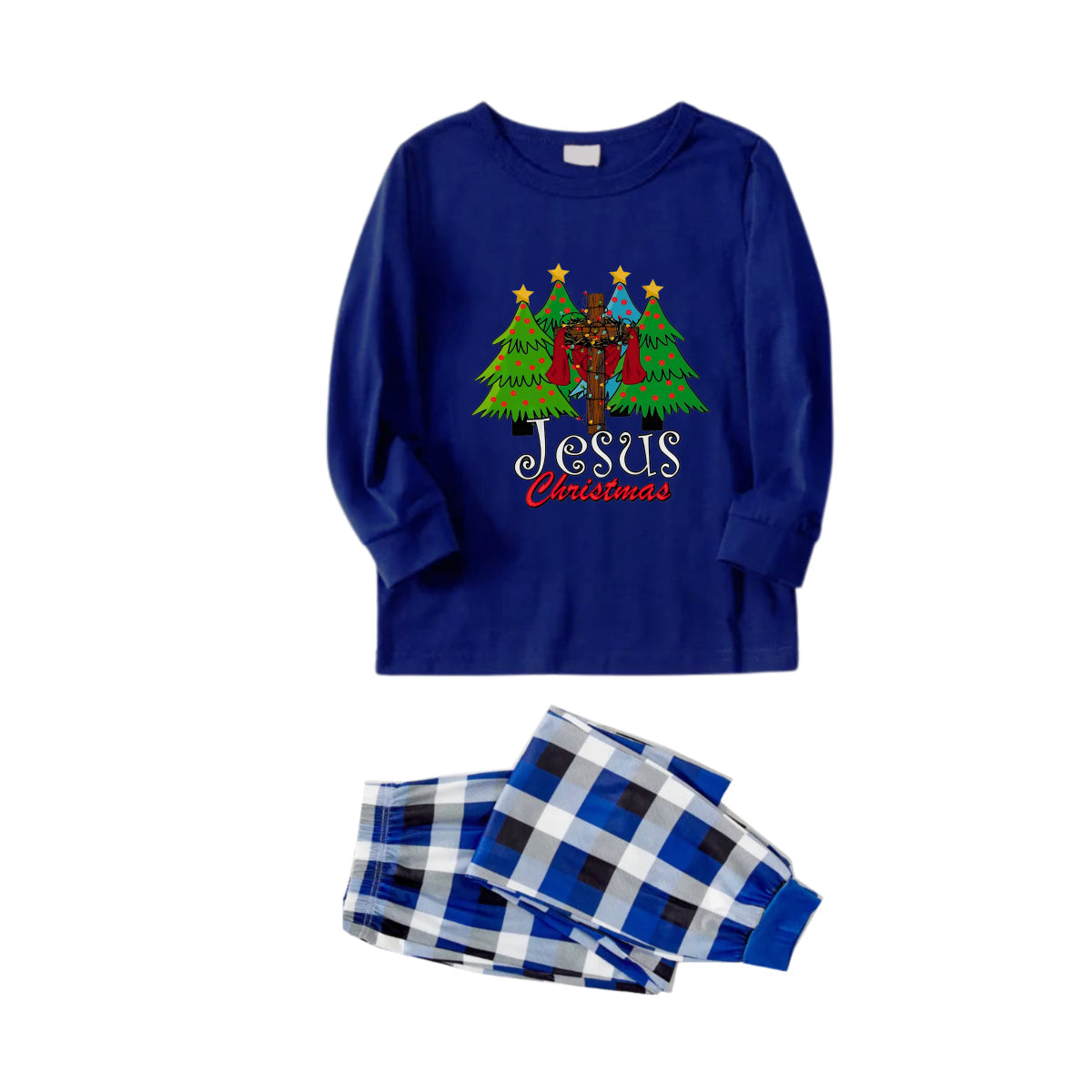 WW | Christmas Family Matching Pajamas - Navy & White Plaid PJs Set with Christmas Tree and "Jesus Christmas" Print