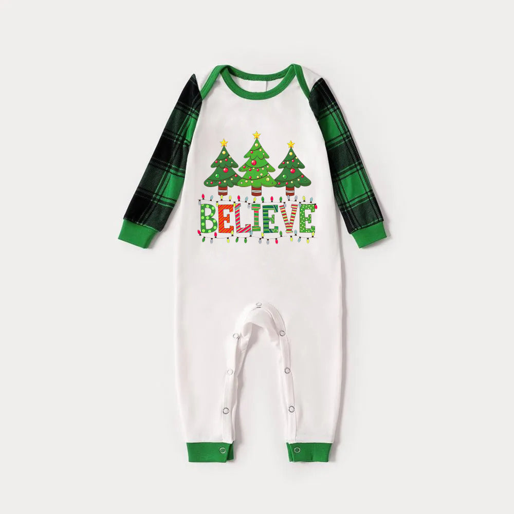 WW | Green Raglan Top Green Plaid Christmas Pajama Set with "BELIEVE" and Christmas Tree Print