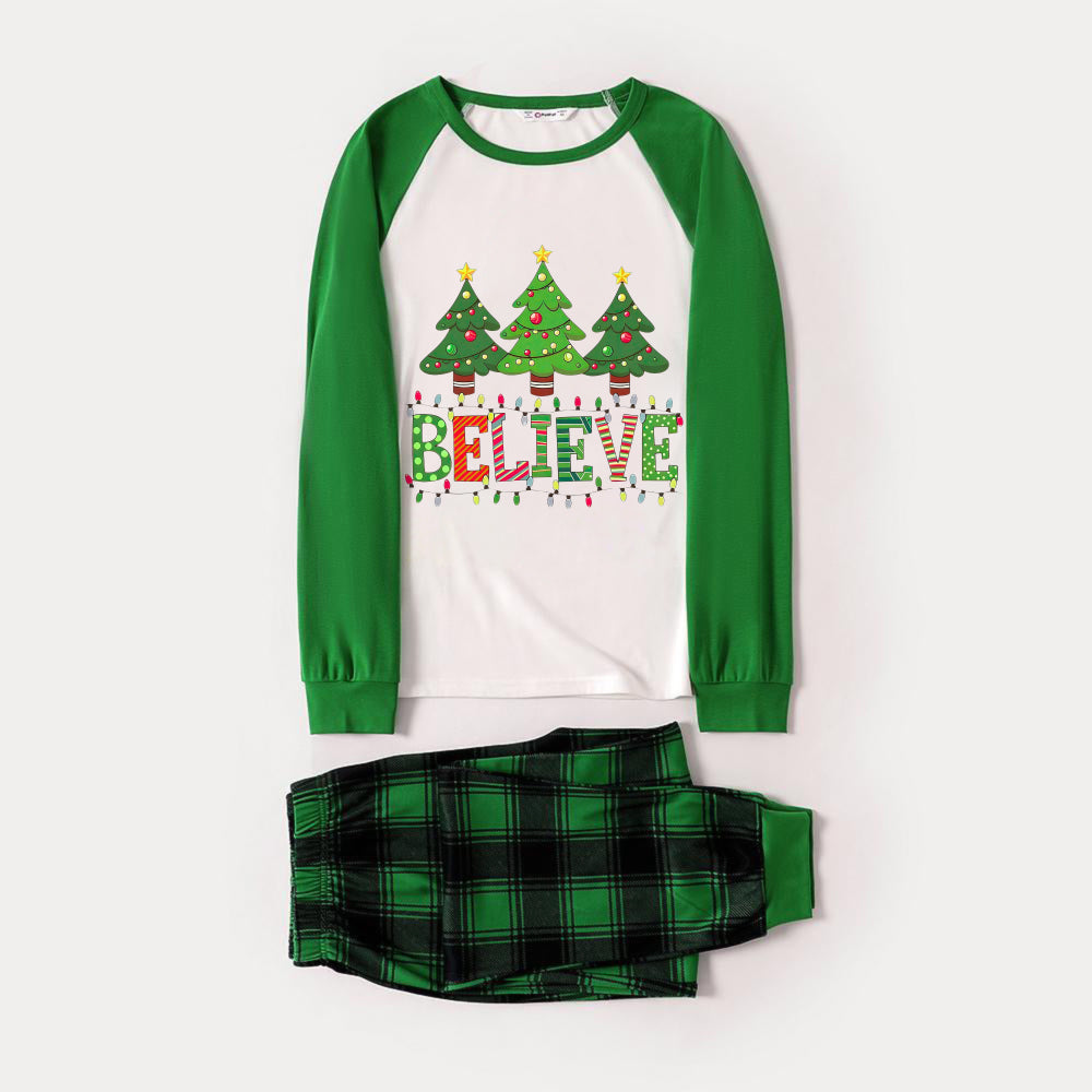 WW | Green Raglan Top Green Plaid Christmas Pajama Set with "BELIEVE" and Christmas Tree Print