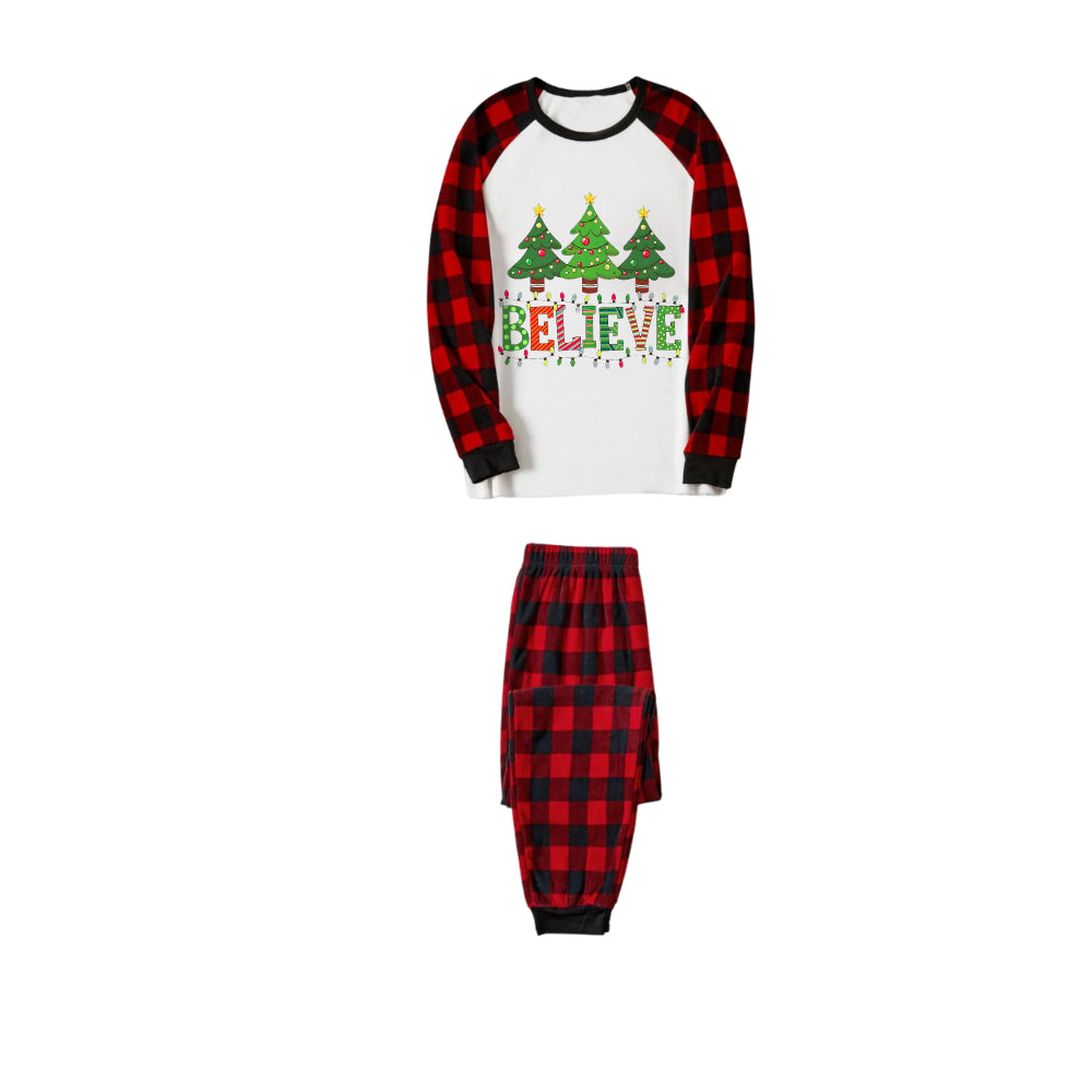 WW | Rote und schwarze karierte Weihnachts-Pyjama-Set mit Weihnachtsbaum und "Believe"-Druck