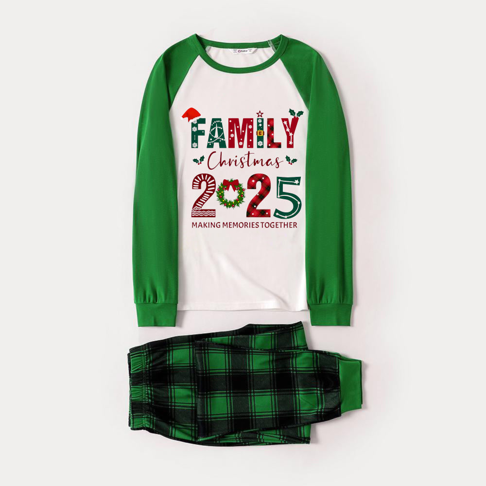 WW | Green Raglan Top Green Plaid Print "FAMILY Christmas 2025" and Christmas Pattern Print Christmas Pajama Set