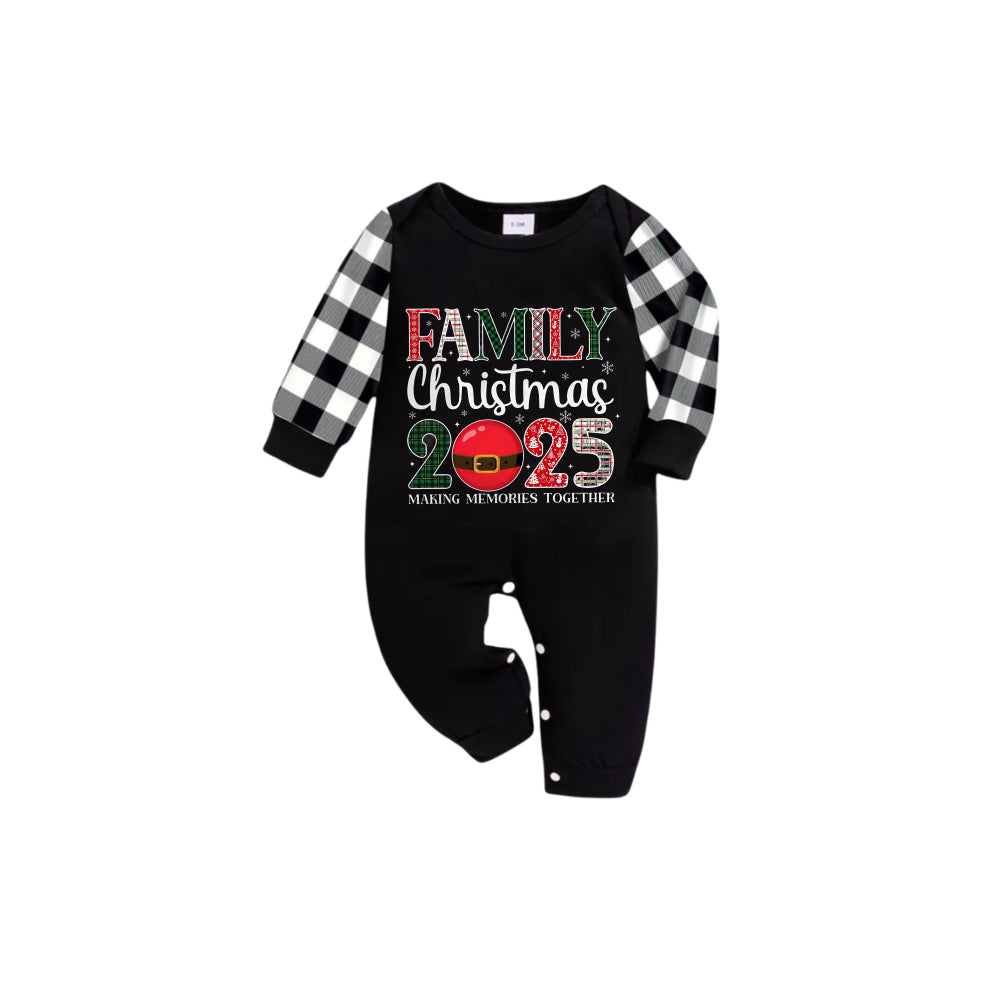 WW | Schwarz und Weiß Karierte Kurzarm Weihnachtspyjama-Set mit Santa-Motivdruck