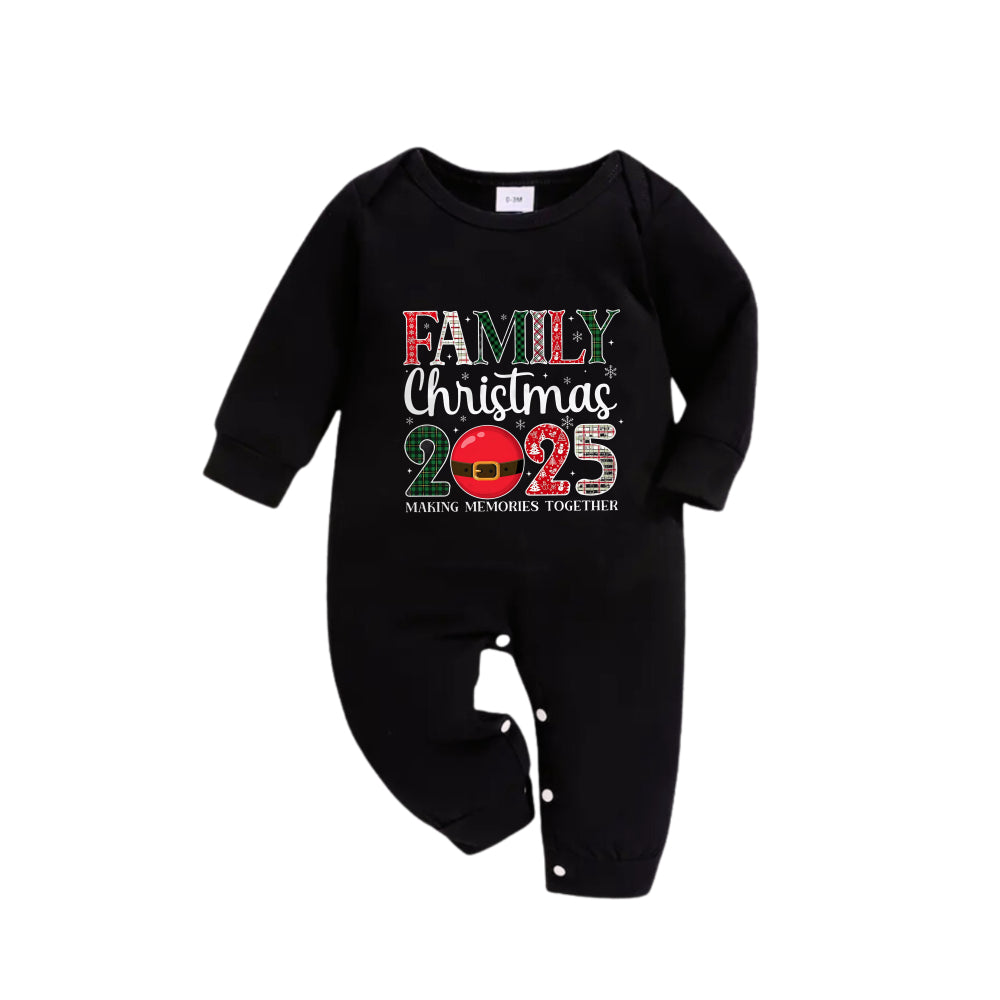 WW | Matching Family Christmas Pajamas - Black Top and Green Plaid Pants PJs Set with "Family Christmas 2025" Print