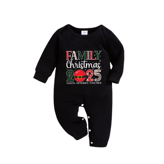 WW | Matching Family Christmas Pajamas - Black Top and Green Plaid Pants PJs Set with "Family Christmas 2025" Print