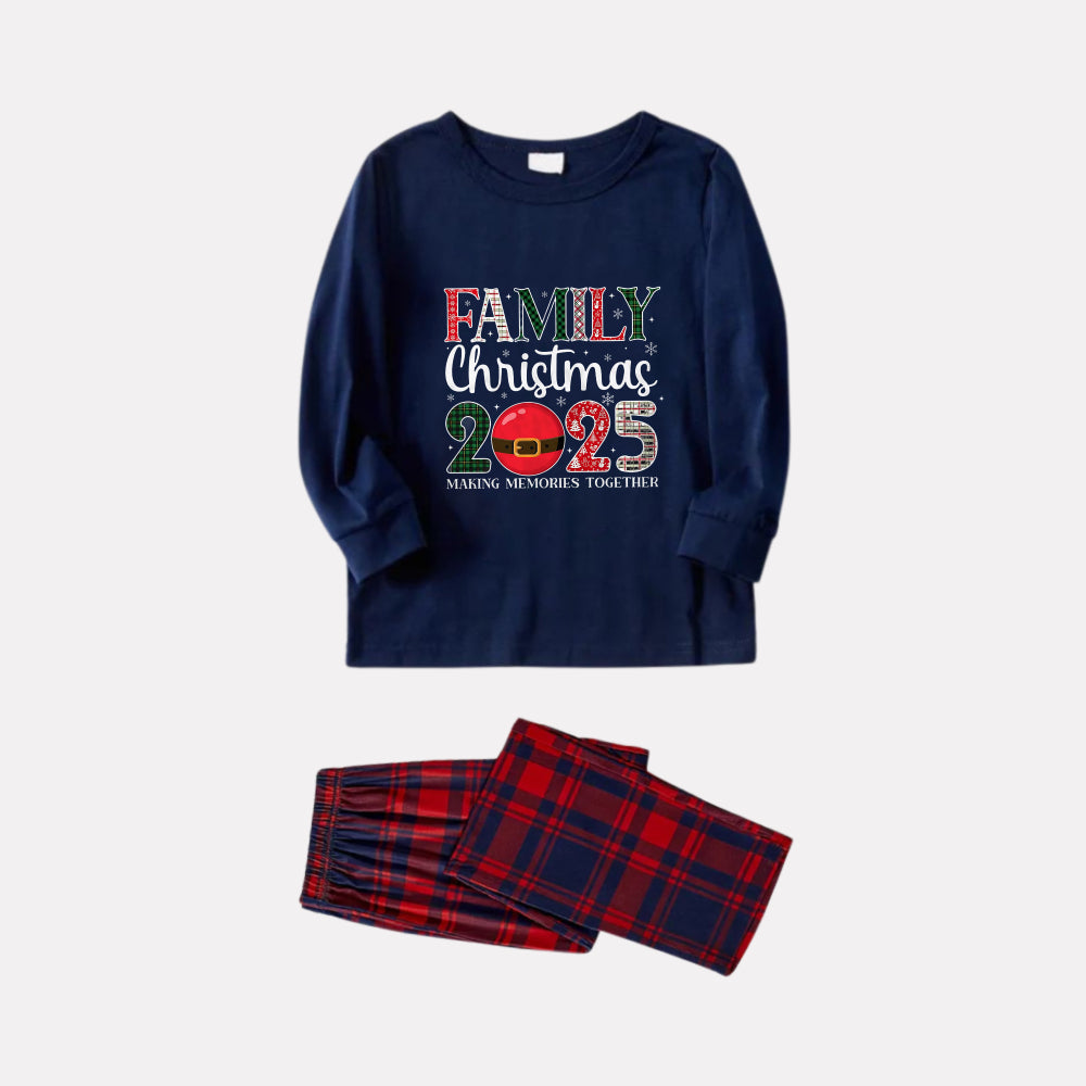 WW | Christmas Family Matching Pyjamas Set - Navy & Red Checked PJs with "Family Christmas 2025" Artistic Lettering