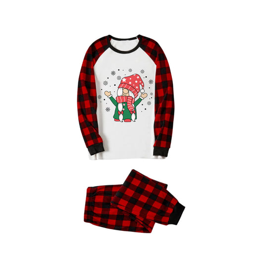 WW | Rote und schwarze karierte Weihnachts-Pyjama-Set mit süßem Gnomies-Cartoon-Druck