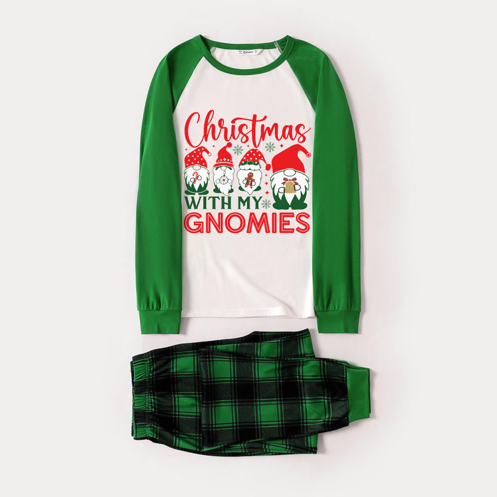 WW | Green Raglan Top Green Plaid Christmas Pajama Set with Cute Gnomes and "CHRISTMAS WITH MY GNOMIES" Print