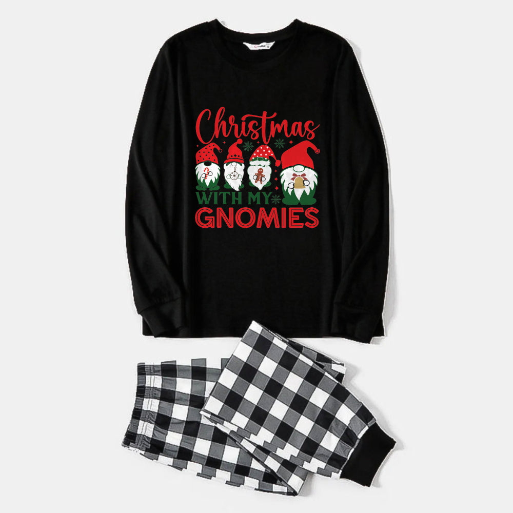 WW | Black & white checked Christmas pajama set with a cute gnome family and colorful "Christmas with my Gnomies" print