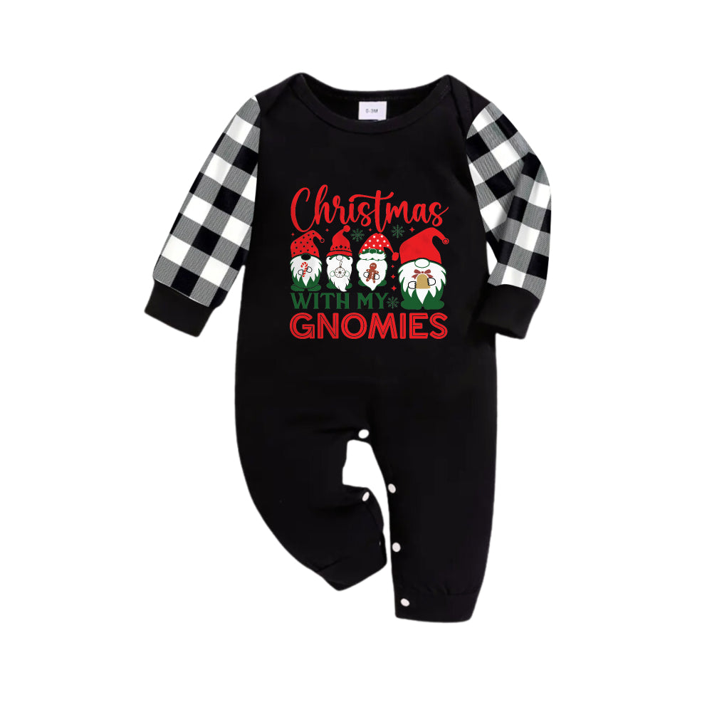 WW | Black & white checked Christmas pajama set with a cute gnome family and colorful "Christmas with my Gnomies" print