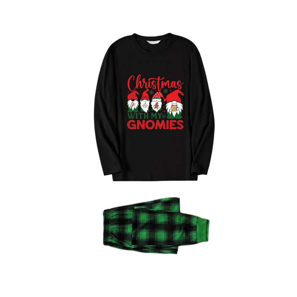 WW | Christmas Family Matching Pajamas - Black Top and Green Plaid Pants PJs Set with Gnome Family and "Christmas with my Gnomies" Print