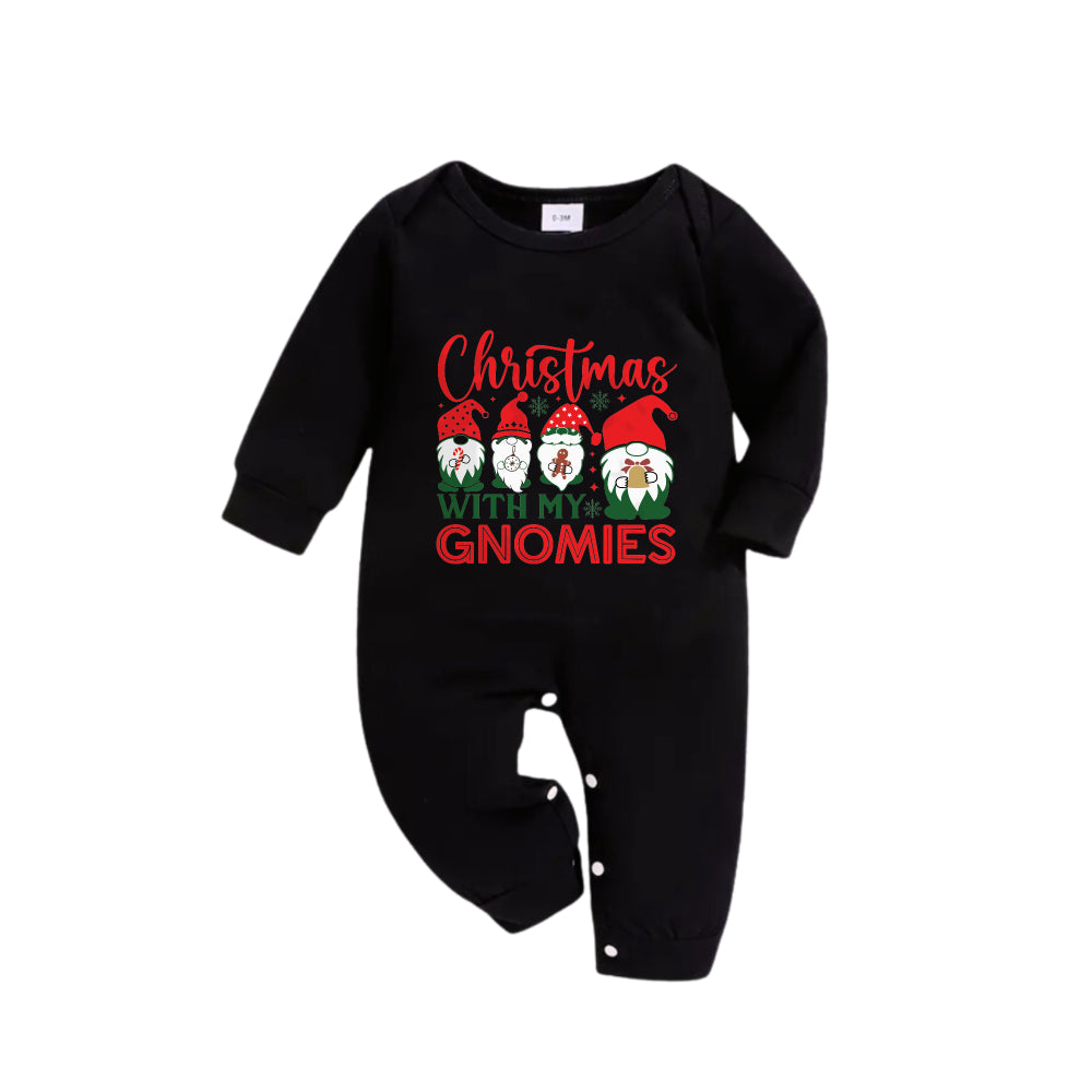 WW | Christmas Family Matching Pajamas - Black Top and Green Plaid Pants PJs Set with Gnome Family and "Christmas with my Gnomies" Print