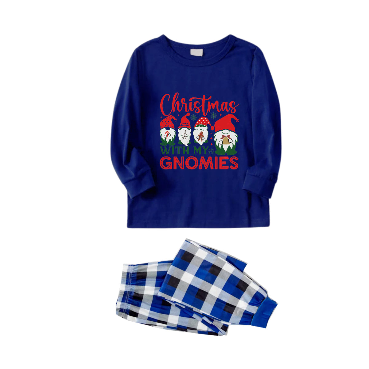 WW | Christmas Family Matching Pajamas - Navy & White Plaid PJs Set with "Christmas With My Gnomies" Print
