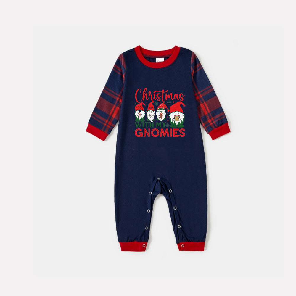 WW | Christmas Family Matching Pajamas - Navy and Red Plaid PJs Set with "Christmas with My Gnomies" Print