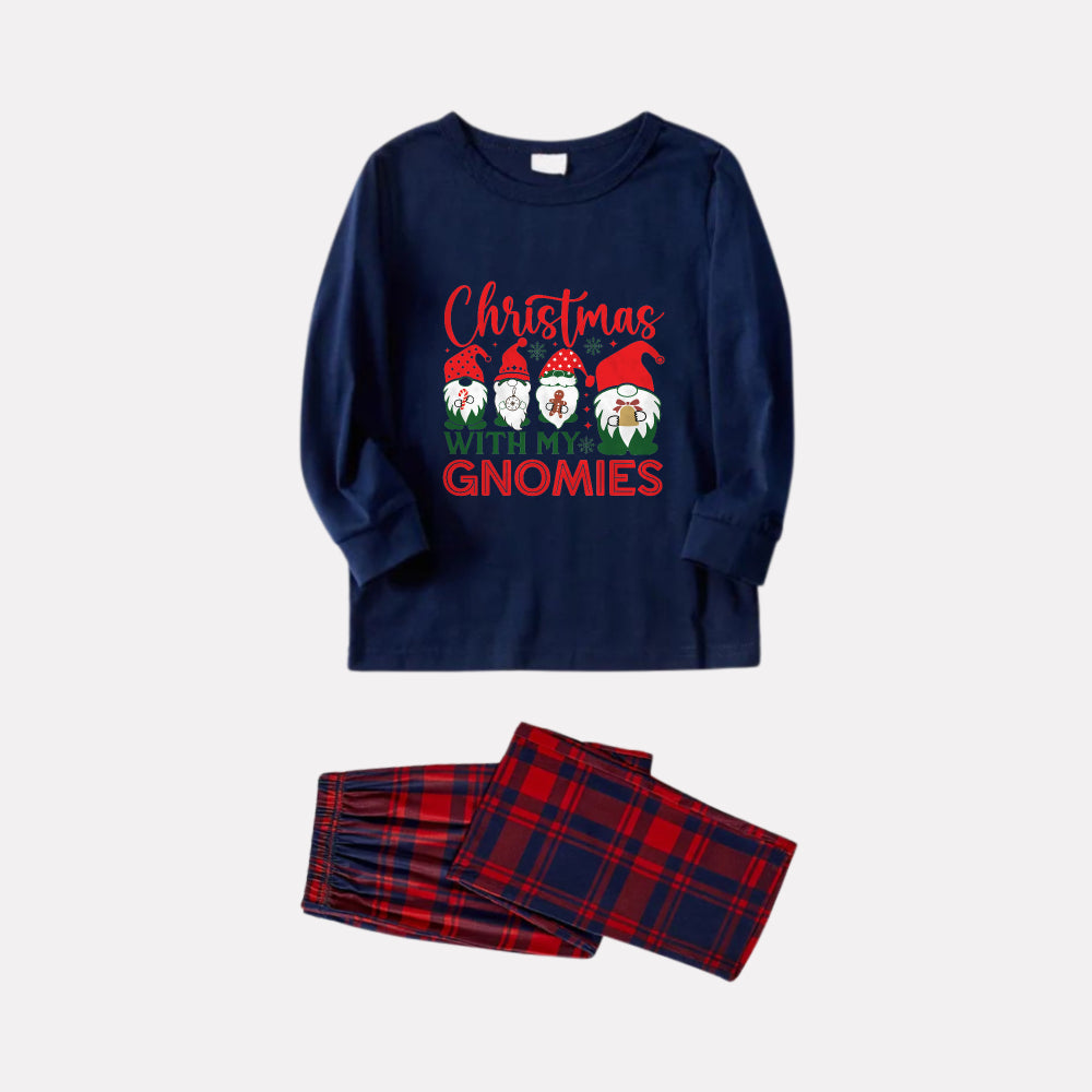 WW | Christmas Family Matching Pajamas - Navy and Red Plaid PJs Set with "Christmas with My Gnomies" Print