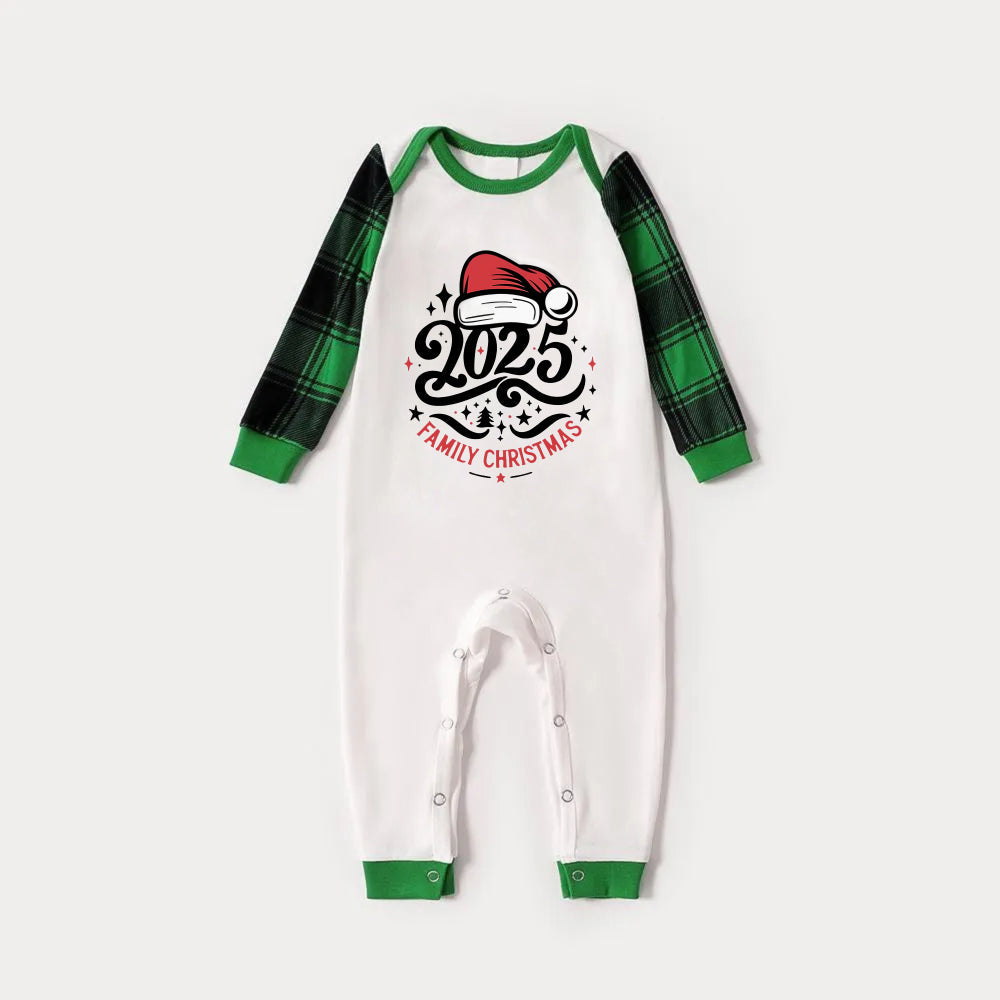 WW | Green Raglan Top Green Plaid Print "2025 FAMILY CHRISTMAS" and Santa Hat Print Christmas Pajama Set