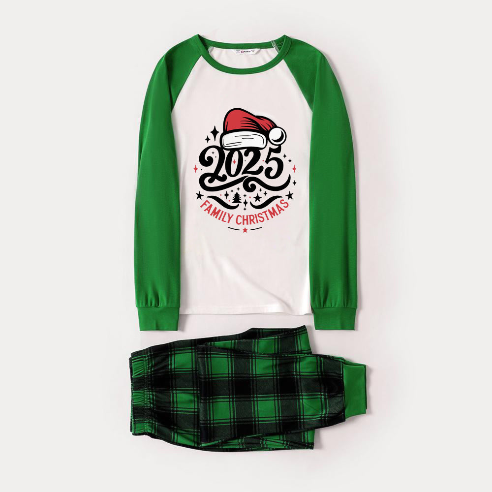 WW | Green Raglan Top Green Plaid Print "2025 FAMILY CHRISTMAS" and Santa Hat Print Christmas Pajama Set