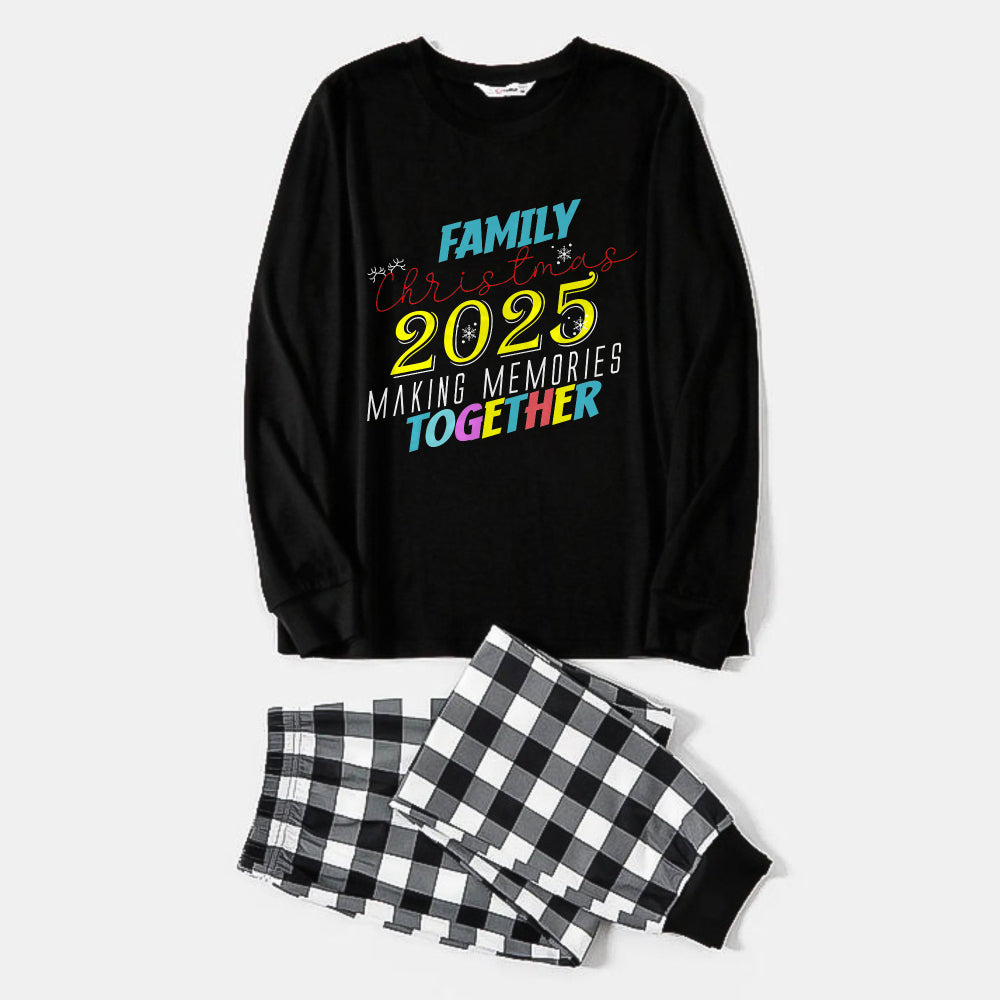 WW | Black and white checkered Christmas pajama set with colorful text print "Family Christmas 2025 Creating Memories Together"