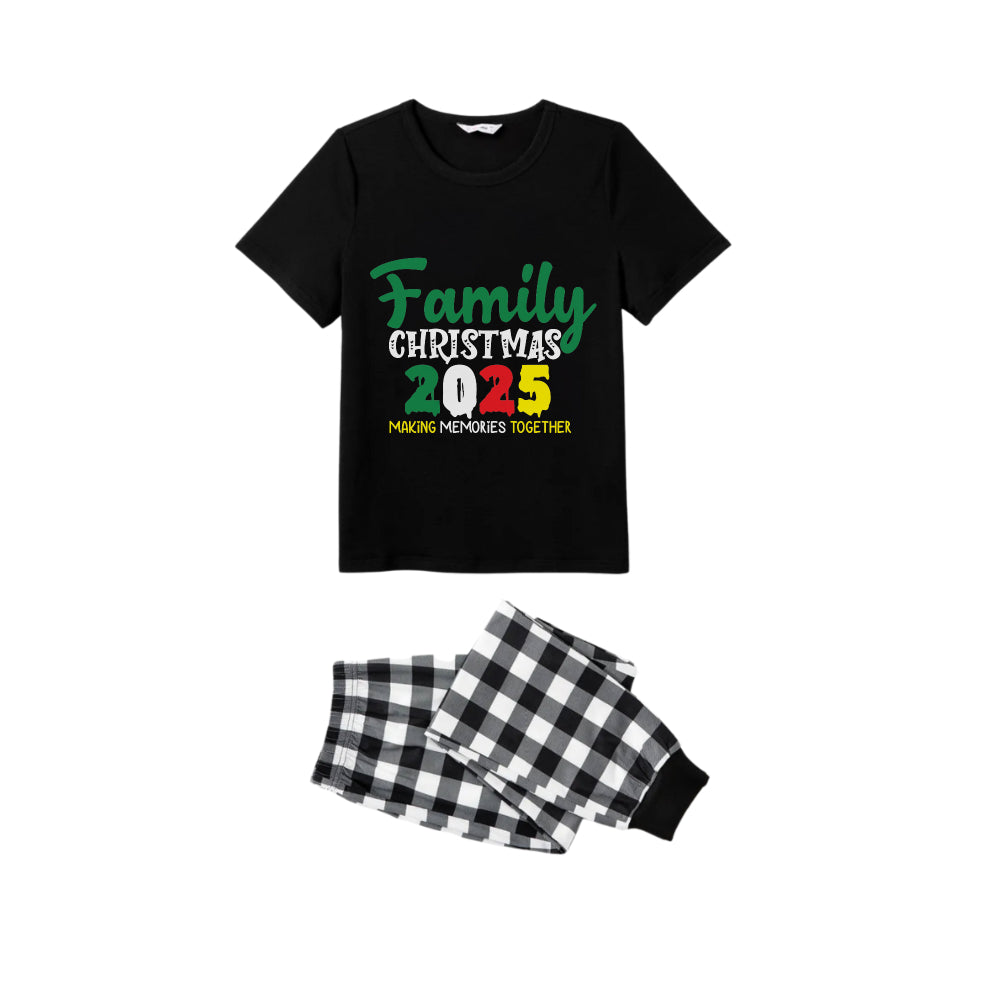WW | Schwarz und Weiß Karierter Kurzarm Weihnachts-Pyjama-Set mit Feiertags-Slogan-Druck