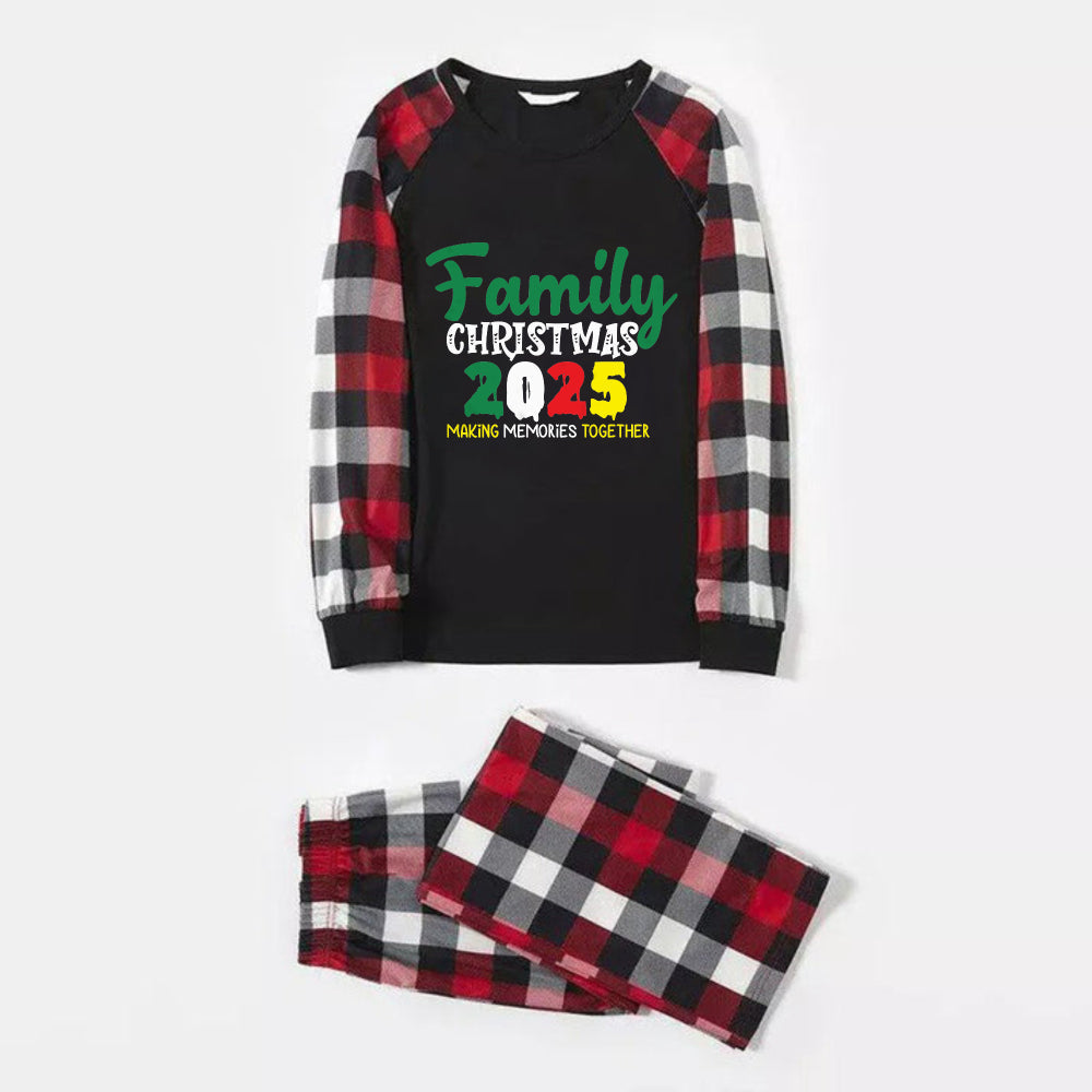 WW | Christmas Family Matching Pajamas - Red and Grey Plaid PJs with Colorful "Family Christmas 2025" Print