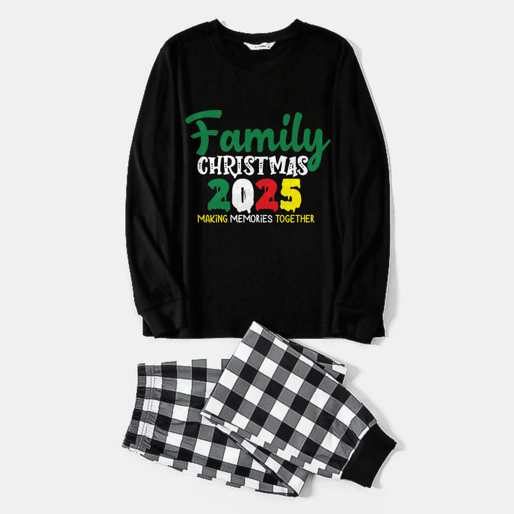 WW | Black and White Checked Christmas Pajama Set with "Family Christmas 2025 Creating Memories Together" Festive Colorful Text Print